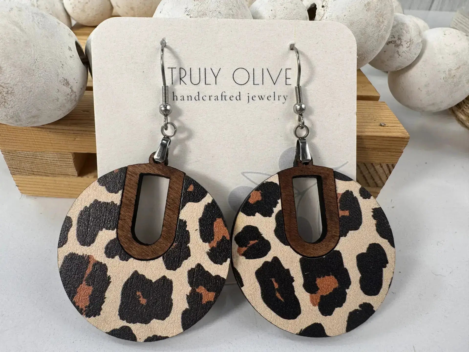 Truly Olive Leopard Pattern Wood Earrings - Earrings Dangle Earrings