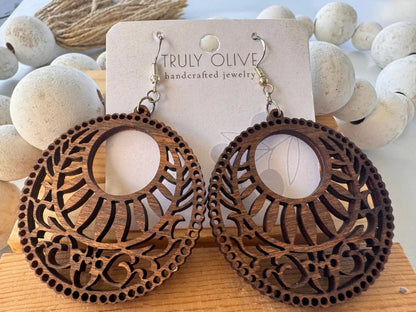 Truly Olive Lightweight Circle Wood Mandala Earrings - Earrings Dangle Earrings
