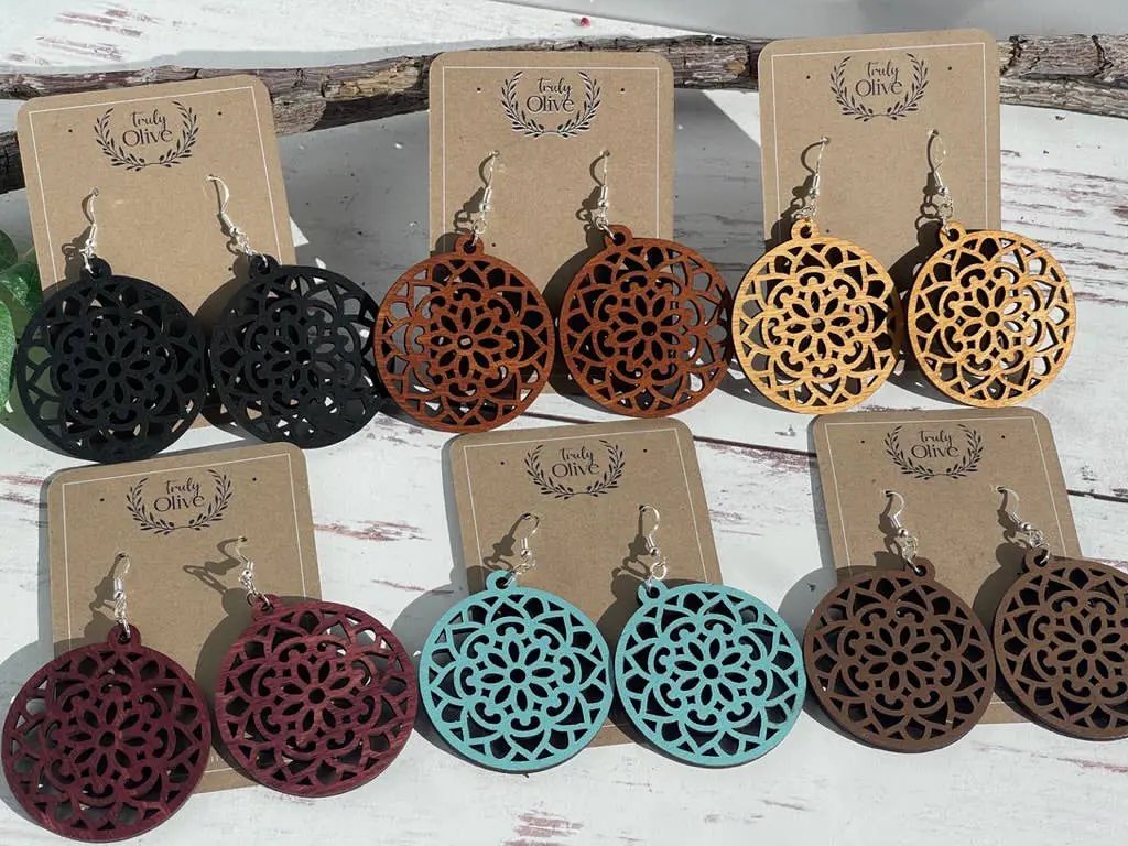 Truly Olive Wood Mandela Circle Shape Lightweight Earrings - Earrings Dangle Earrings