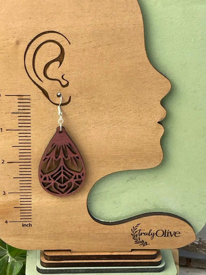 Truly Olive Vintage Wood Mandala Earrings Teardrops - Earrings Dangle Earrings
