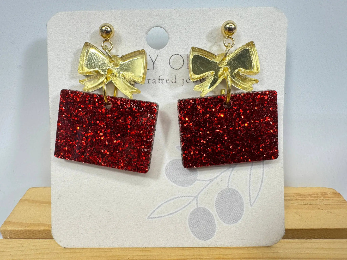 Truly Olive Red and Gold Christmas Present Earrings - Earrings Dangle Earrings