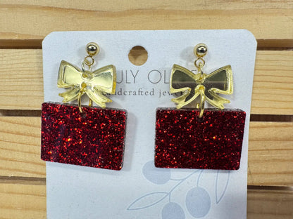 Truly Olive Red and Gold Christmas Present Earrings - Earrings Dangle Earrings