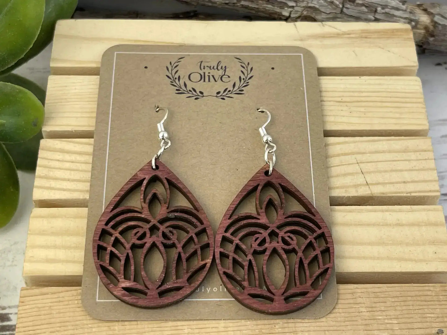 Truly Olive Small Mandala Wood Earrings - Earrings Dangle Earrings