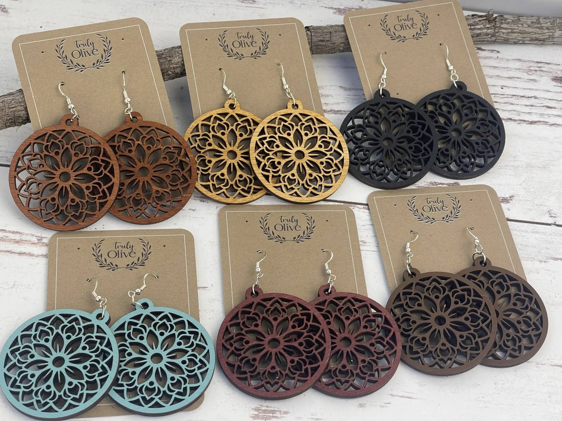 Truly Olive Circle Shape Lightweight Wood Mandala Earrings - Earrings Dangle Earrings
