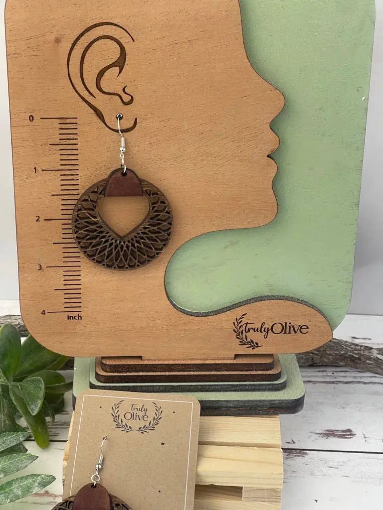 Truly Olive Filigree Natural Wood and Leather Lightweight Hoop Earrings - Earrings Dangle Earrings
