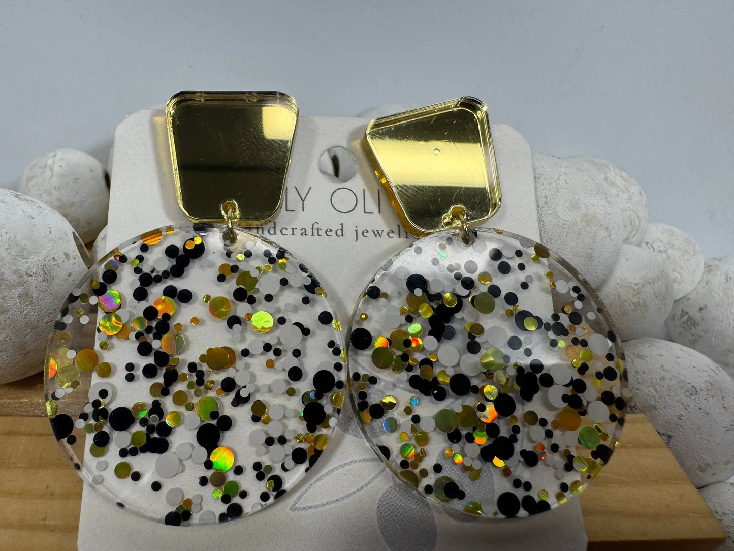 Truly Olive Tiered Circle Gold Black White Acrylic Christmas Earrings - Earrings Stud/Post Earrings