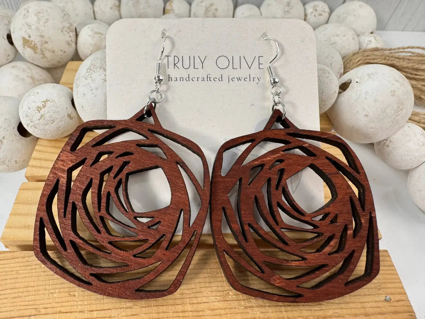 Truly Olive Wood Boho Mandala Earrings - Earrings Dangle Earrings