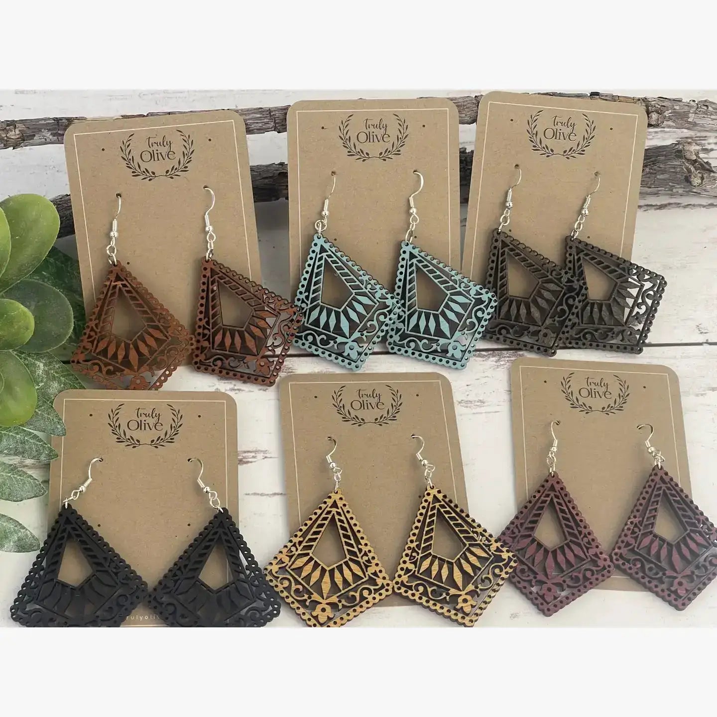 Truly Olive Lightweight Wood Mandala Earrings - Earrings Dangle Earrings