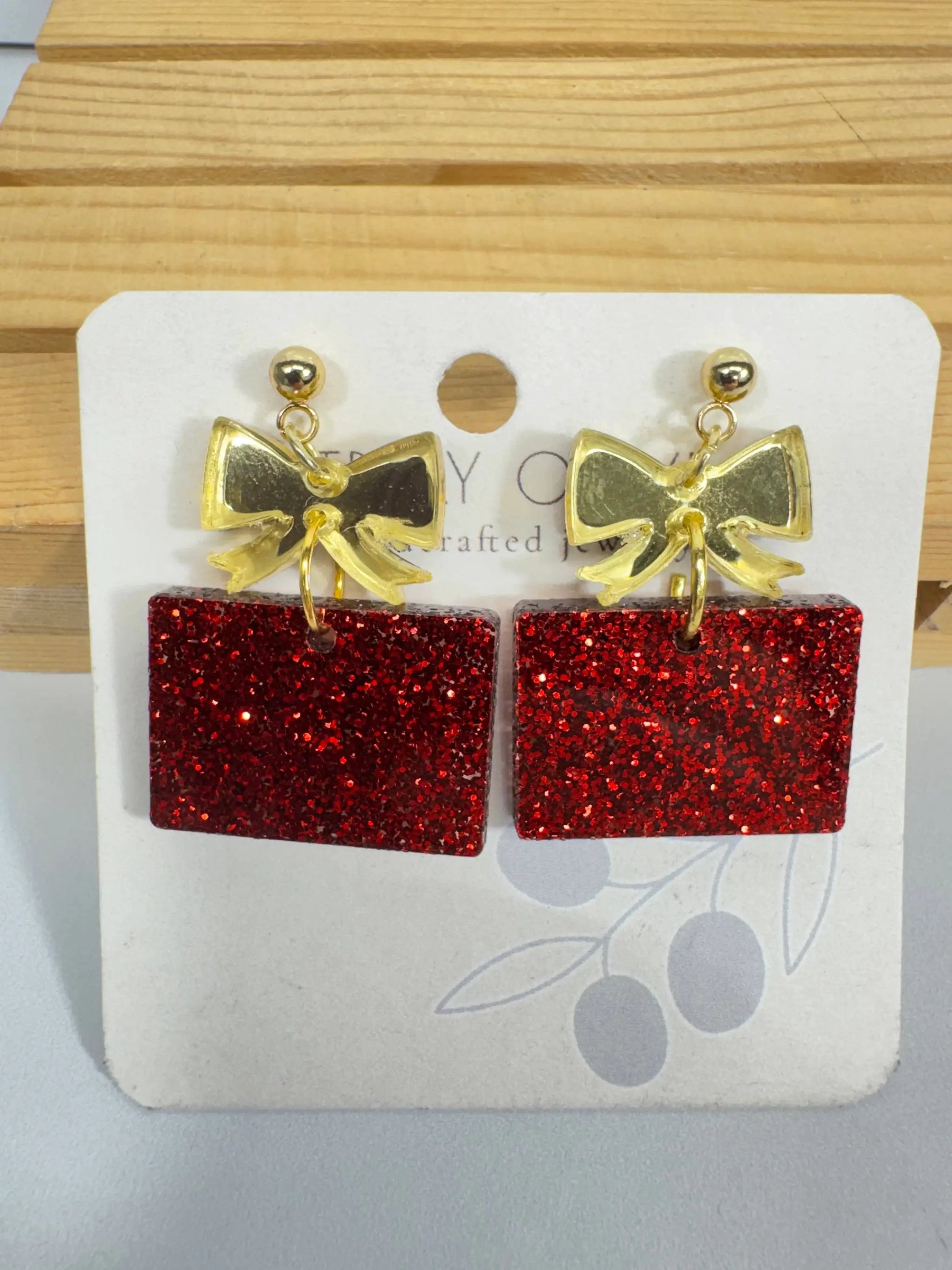 Truly Olive Red and Gold Christmas Present Earrings - Earrings Dangle Earrings