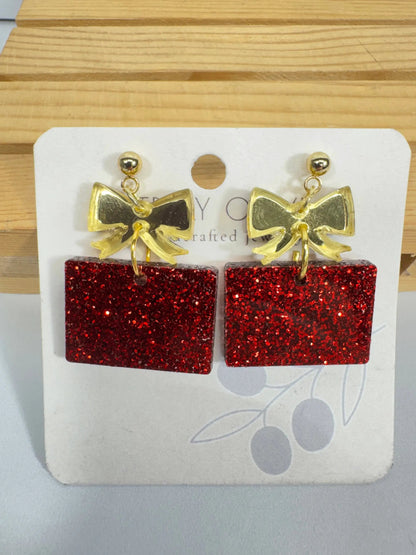 Truly Olive Red and Gold Christmas Present Earrings - Earrings Dangle Earrings