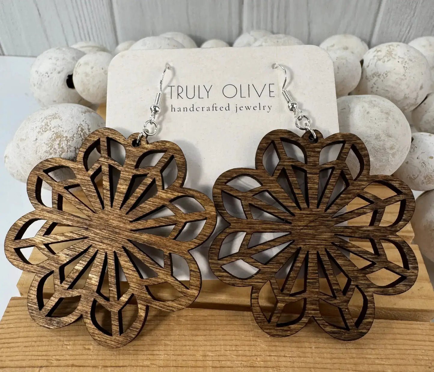 Truly Olive Wooden Boho Statement Earrings - Earrings Dangle Earrings
