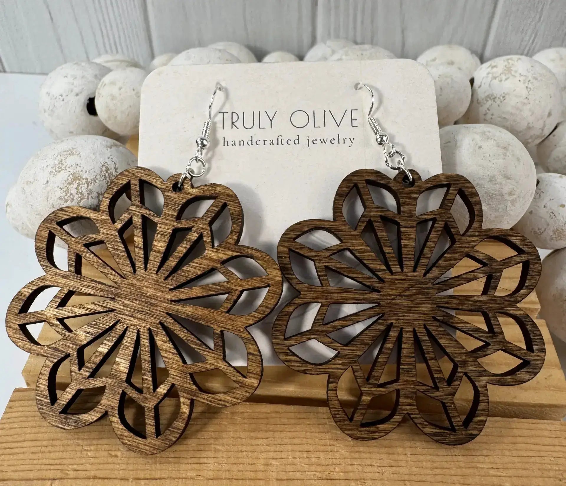 Truly Olive Wooden Boho Statement Earrings - Earrings Dangle Earrings
