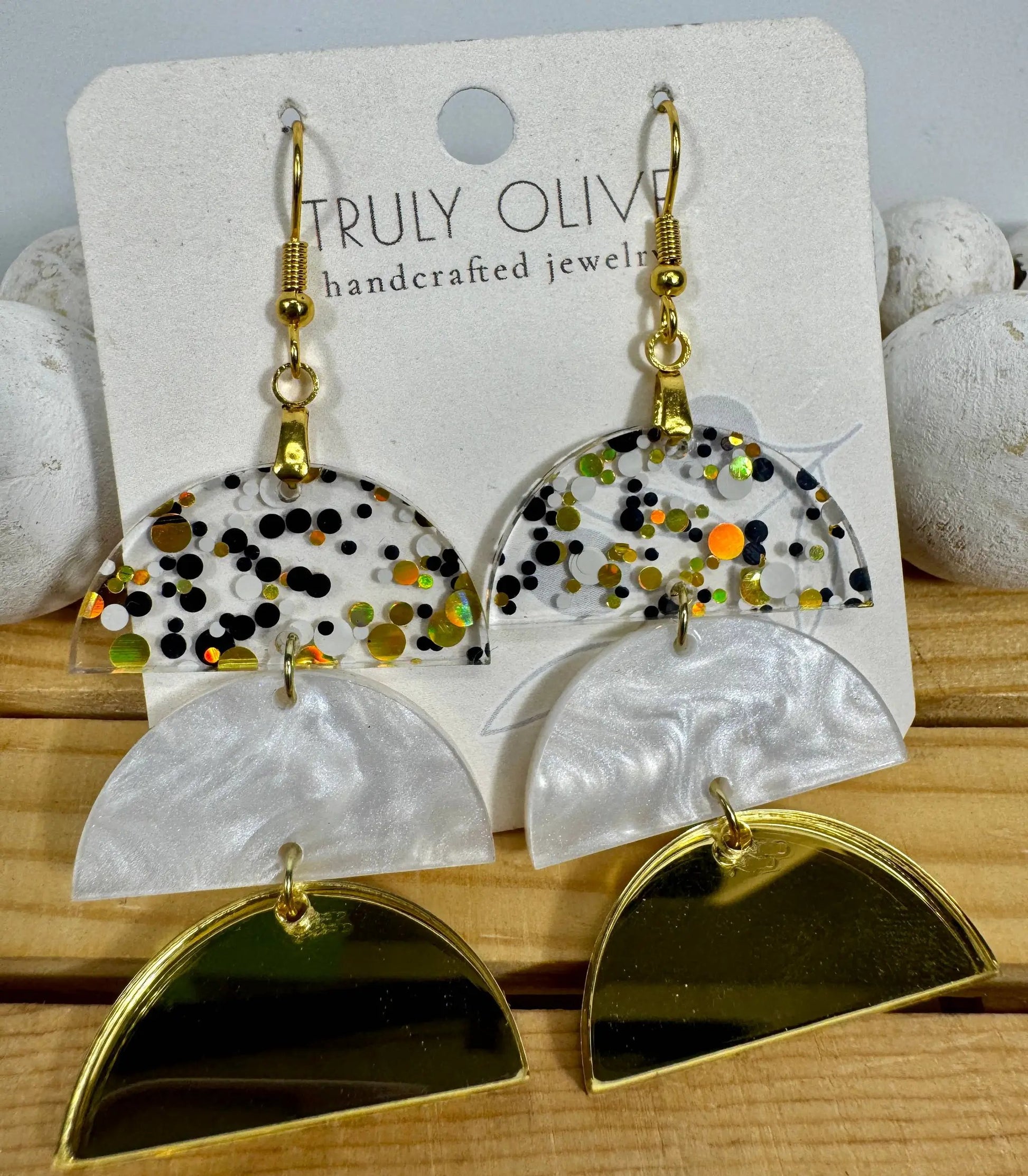 Truly Olive Gold and Black Glass Acrylic Holiday Earrings - Earrings Dangle Earrings