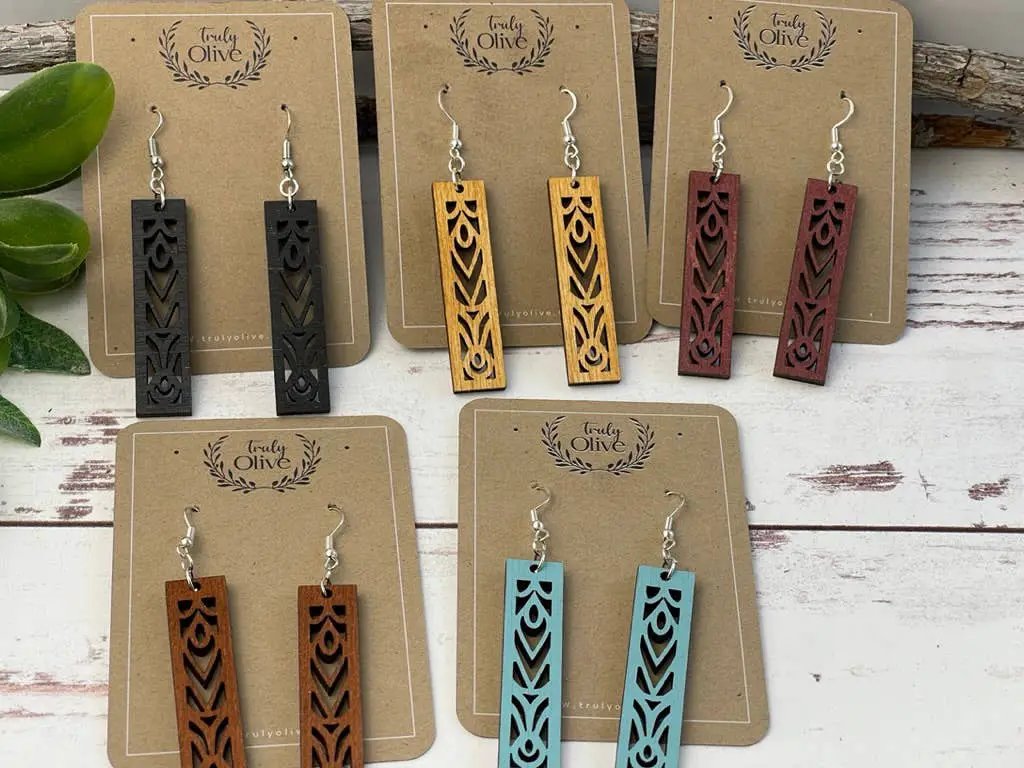 Truly Olive Rectangle Mandala Earrings Lightweight Wood Earrings - Earrings Dangle Earrings