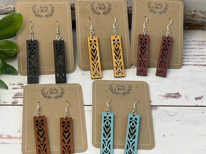 Truly Olive Rectangle Mandala Earrings Lightweight Wood Earrings - Earrings Dangle Earrings