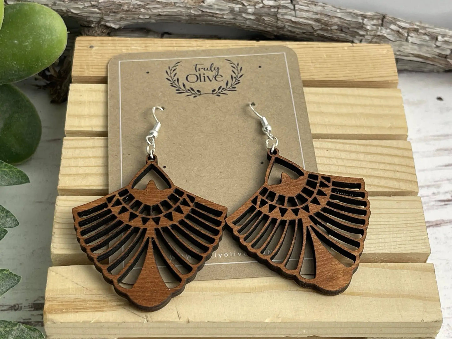 Truly Olive Bohemian Wood Mandala Earrings - Earrings Dangle Earrings