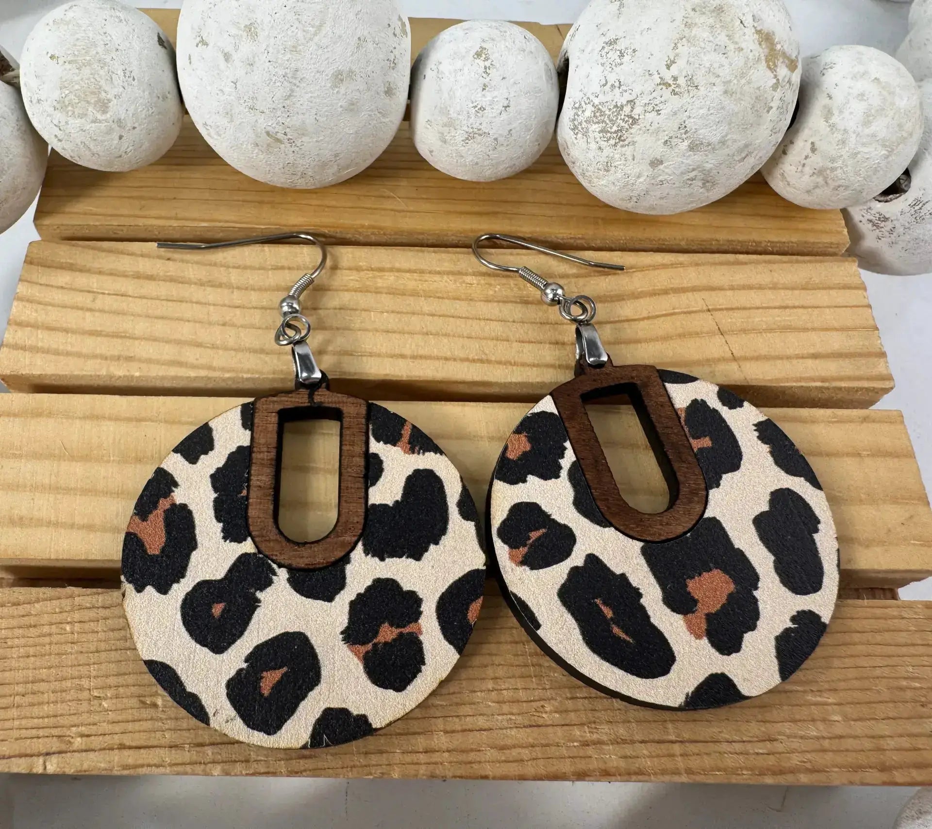 Truly Olive Leopard Pattern Wood Earrings - Earrings Dangle Earrings