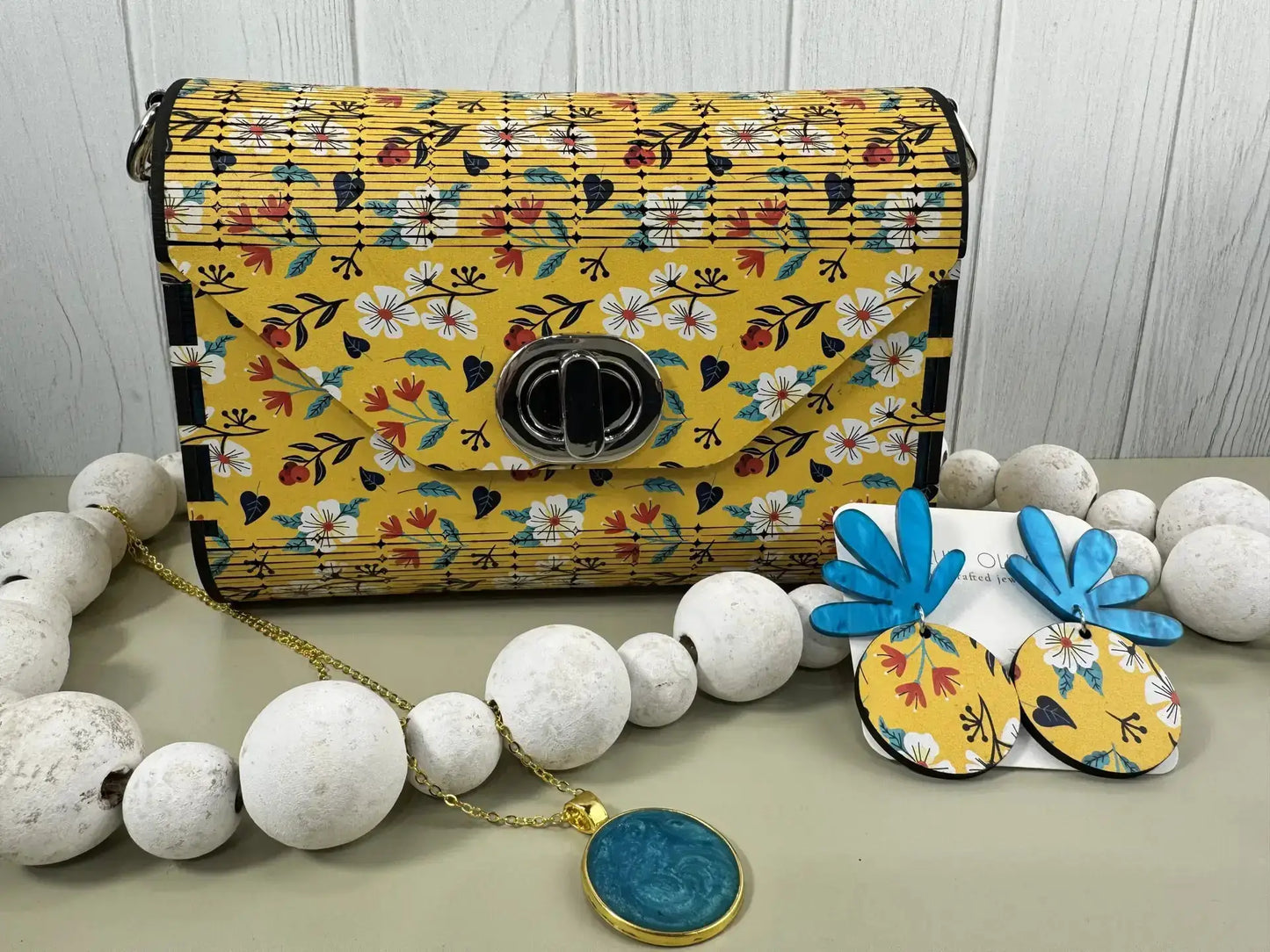 Truly Olive Bright Bloom Wood Clutch Yellow Floral Elegance - Clutch Bags Clutch Bag - Women's