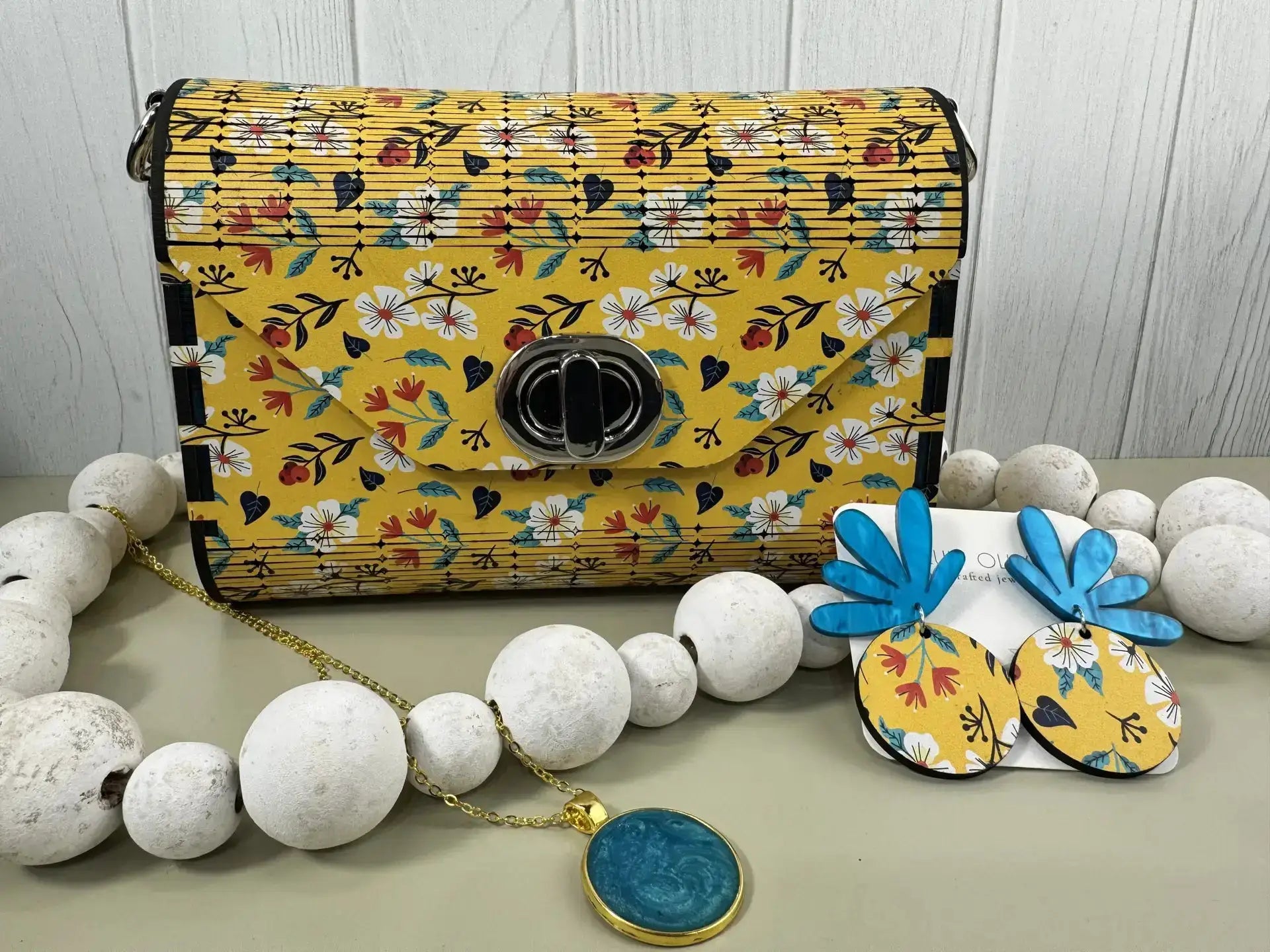 Truly Olive Bright Bloom Wood Clutch Yellow Floral Elegance - Clutch Bags Clutch Bag - Women's