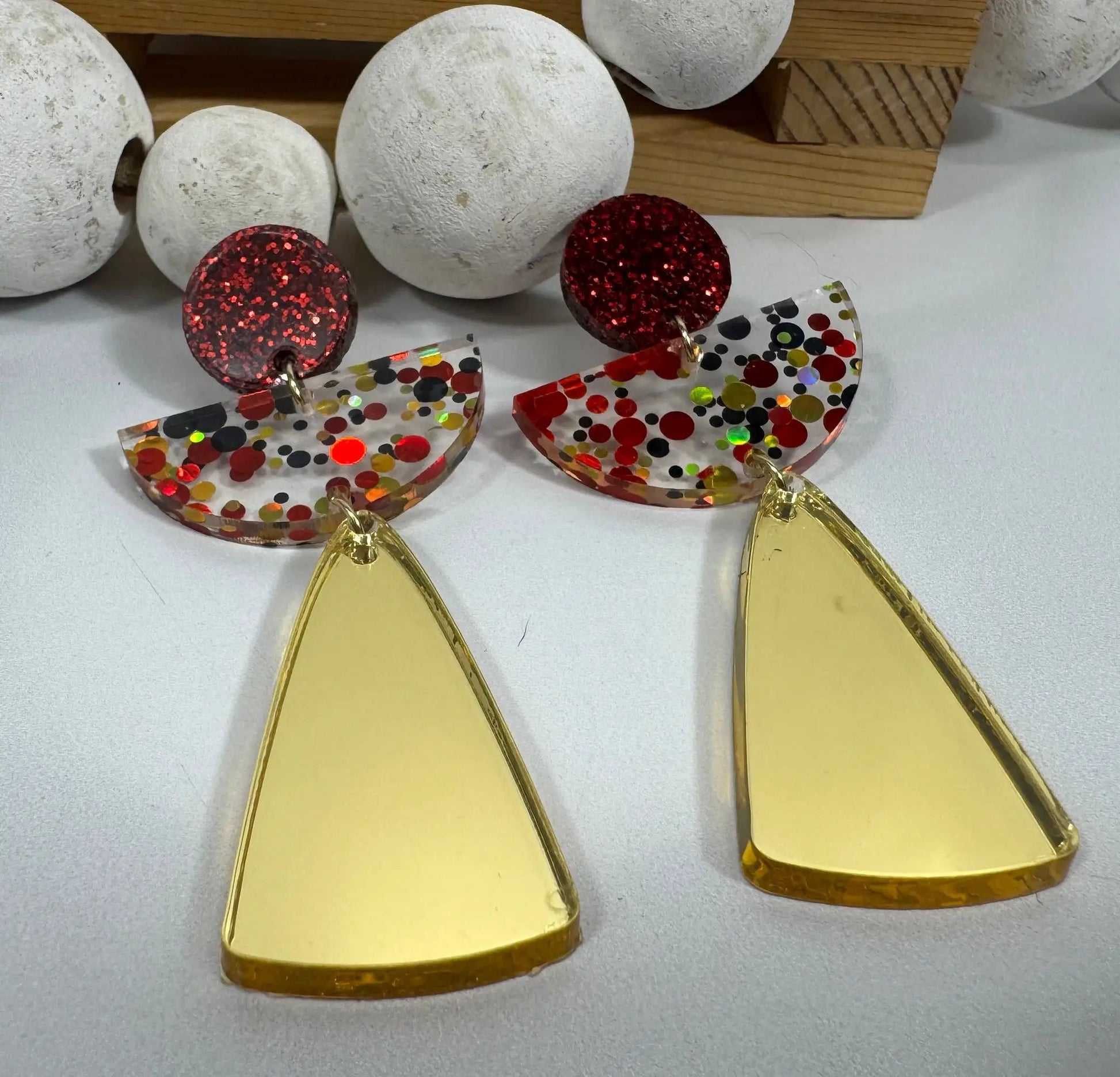 Truly Olive Red and Gold Angel Acrylic Confetti Holiday Earrings - Earrings Dangle Earrings