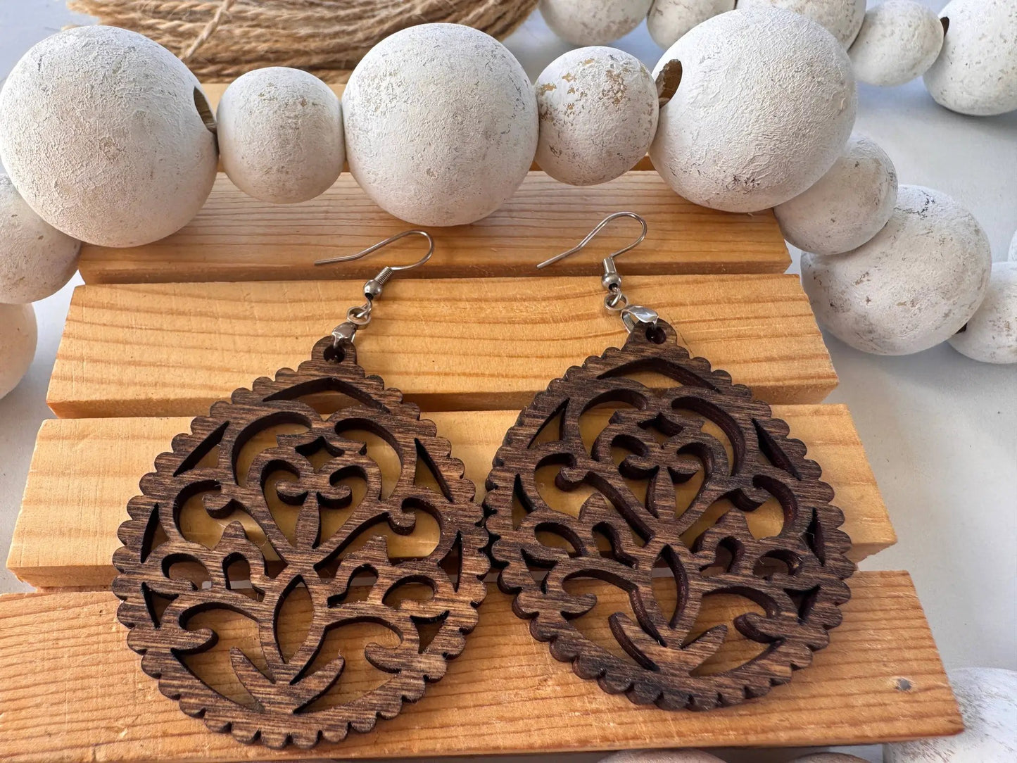 Truly Olive Intricate Wood Earrings - Earrings Dangle Earrings