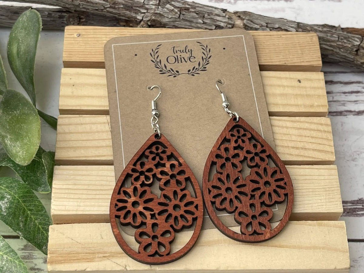Truly Olive Stunning Wood Mandala Earrings in a Unique Teardrop Shape - Earrings Dangle Earrings