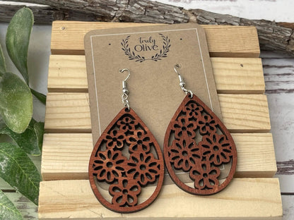 Truly Olive Stunning Wood Mandala Earrings in a Unique Teardrop Shape - Earrings Dangle Earrings