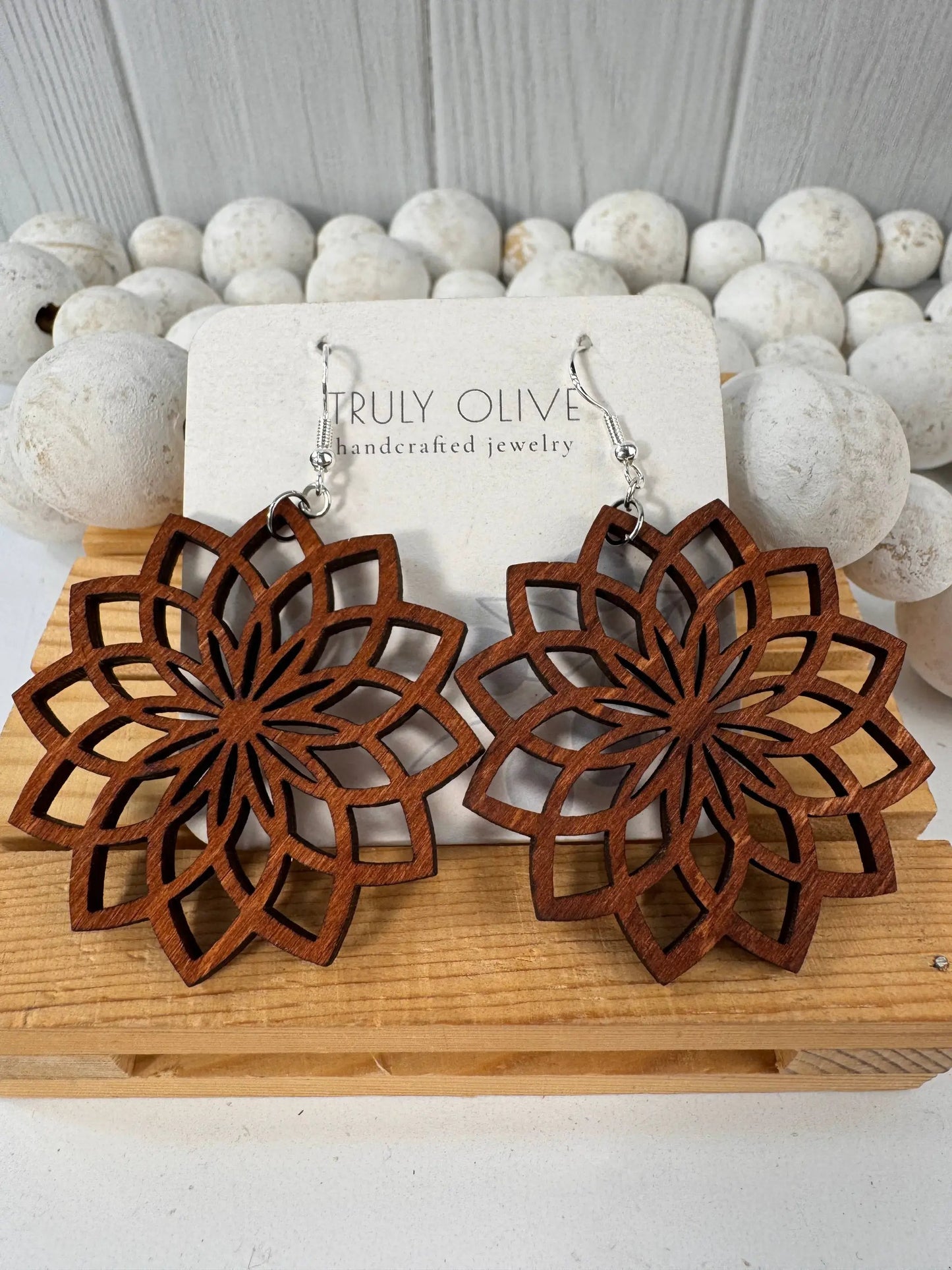 Truly Olive Natural Wood Mandala Earrings - Earrings Dangle Earrings
