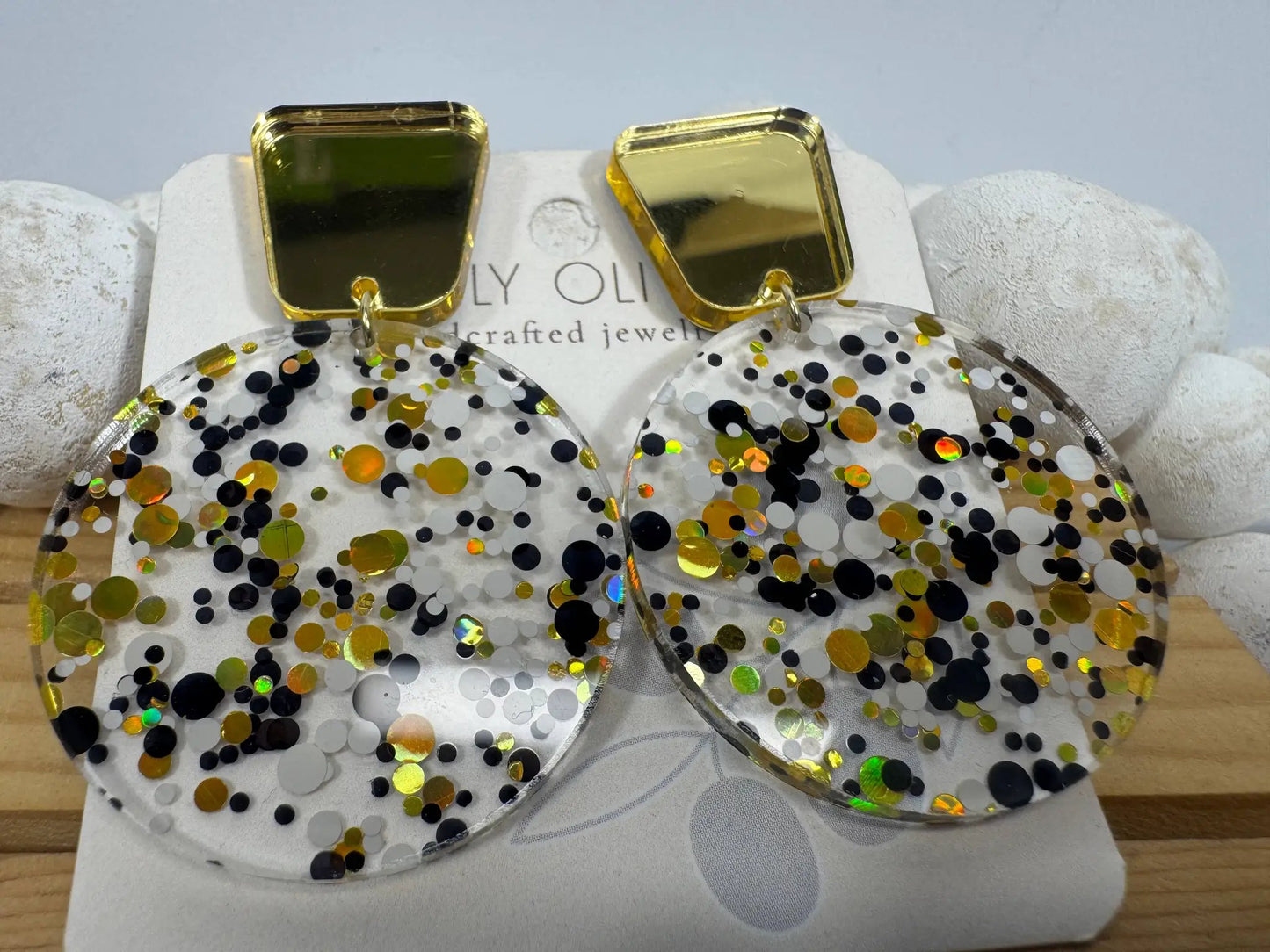 Truly Olive Tiered Circle Gold Black White Acrylic Christmas Earrings - Earrings Stud/Post Earrings