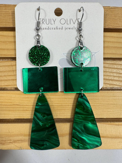 Truly Olive Green Marble and Glitter Acrylic Holiday Earrings - Earrings Dangle Earrings