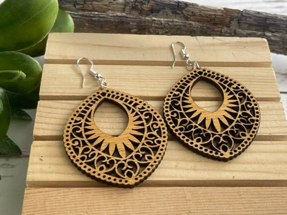 Truly Olive Lightweight Oval Wood Mandala Earrings - Earrings Dangle Earrings