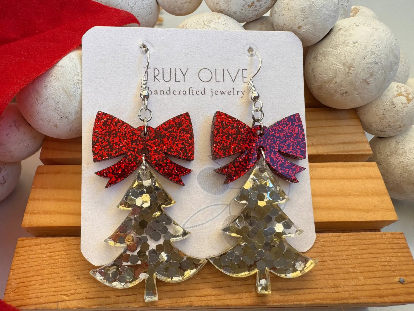 Truly Olive Confetti Glitter Christmas Trees With Red Bow - Earrings Dangle Earrings