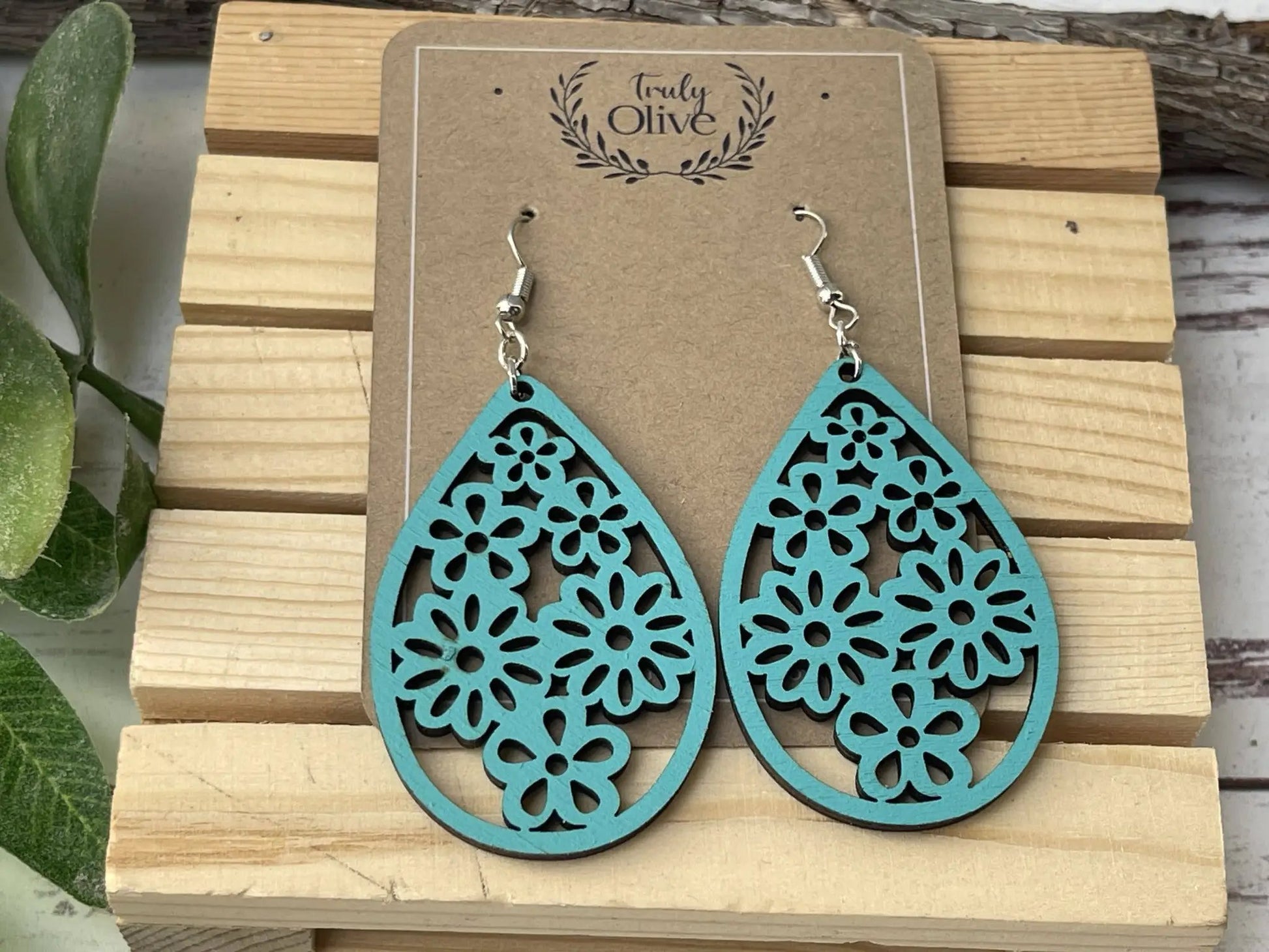 Truly Olive Stunning Wood Mandala Earrings in a Unique Teardrop Shape - Earrings Dangle Earrings