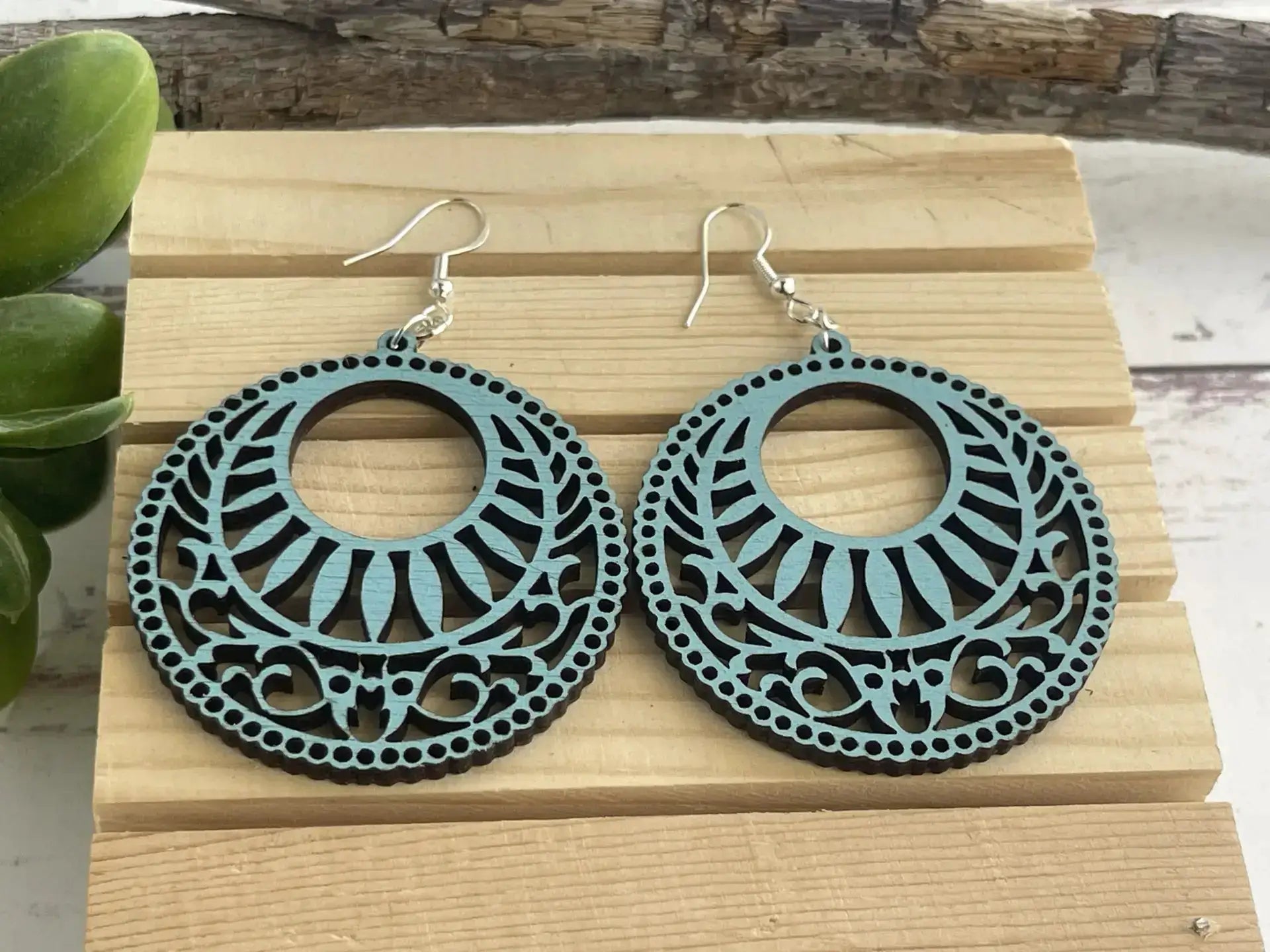 Truly Olive Lightweight Circle Wood Mandala Earrings - Earrings Dangle Earrings