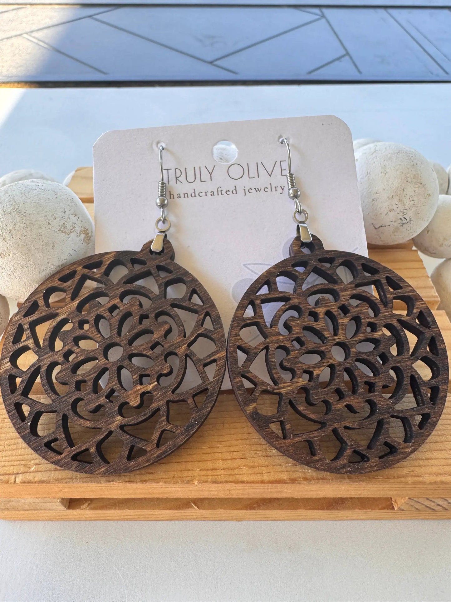 Truly Olive Wood Mandela Circle Shape Lightweight Earrings - Earrings Dangle Earrings
