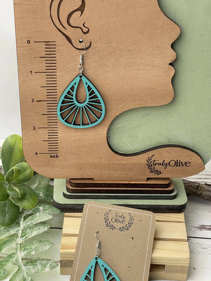 Truly Olive Teardrop Wood Mandala Earrings in a Unique Fanned Out Shape - Earrings Dangle Earrings