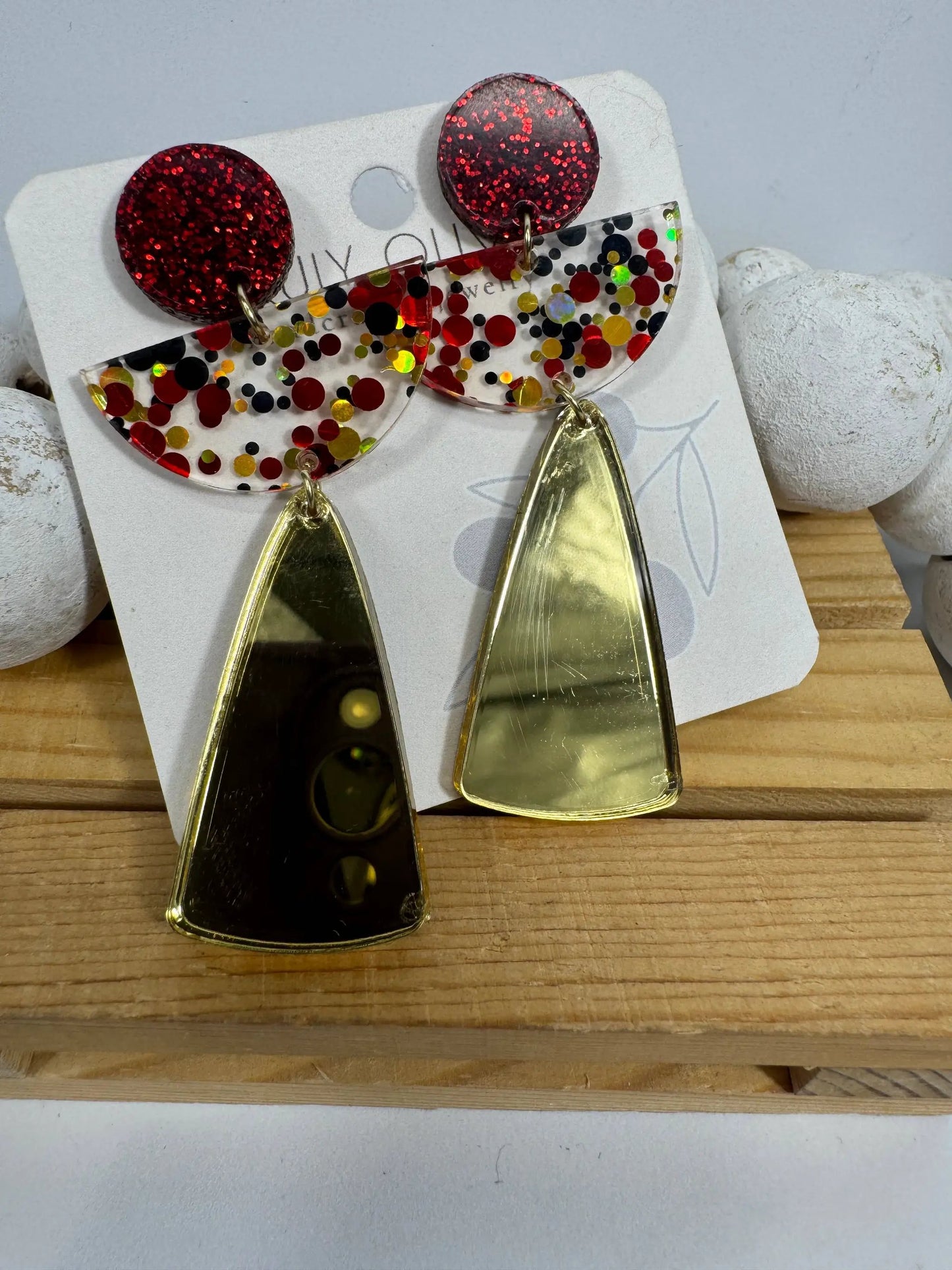 Truly Olive Red and Gold Angel Acrylic Confetti Holiday Earrings - Earrings Dangle Earrings