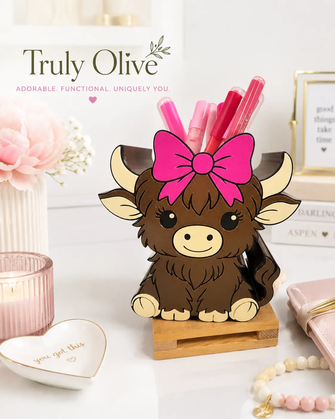 Truly Olive Highland Cow Pen Holder | Pink Bow Cow Desk Organizer & Pencil Holder - Pen Holders Desk Pen Holders