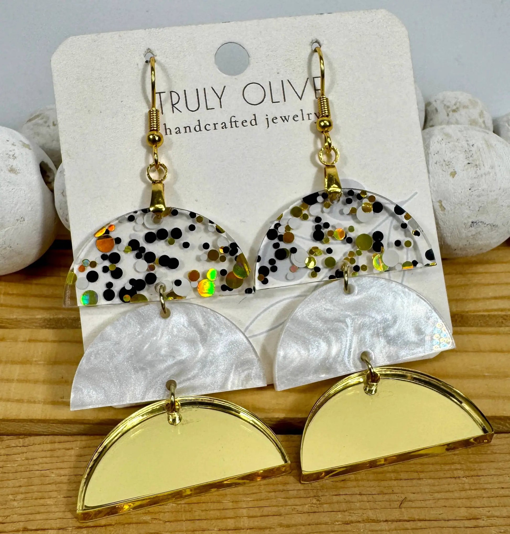 Truly Olive Gold and Black Glass Acrylic Holiday Earrings - Earrings Dangle Earrings