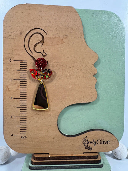 Truly Olive Red and Gold Angel Acrylic Confetti Holiday Earrings - Earrings Dangle Earrings