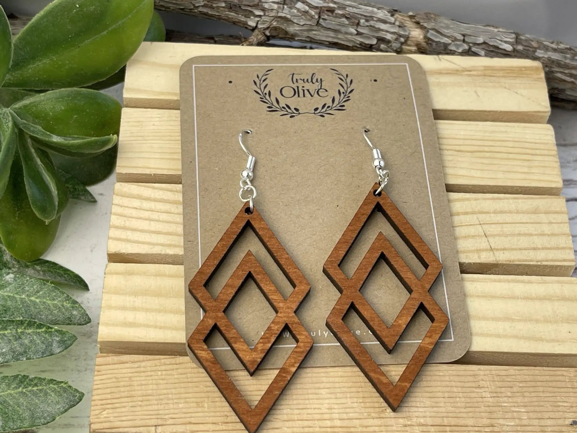 Truly Olive Antique Wood Connected Triangle Earrings - Earrings Dangle Earrings