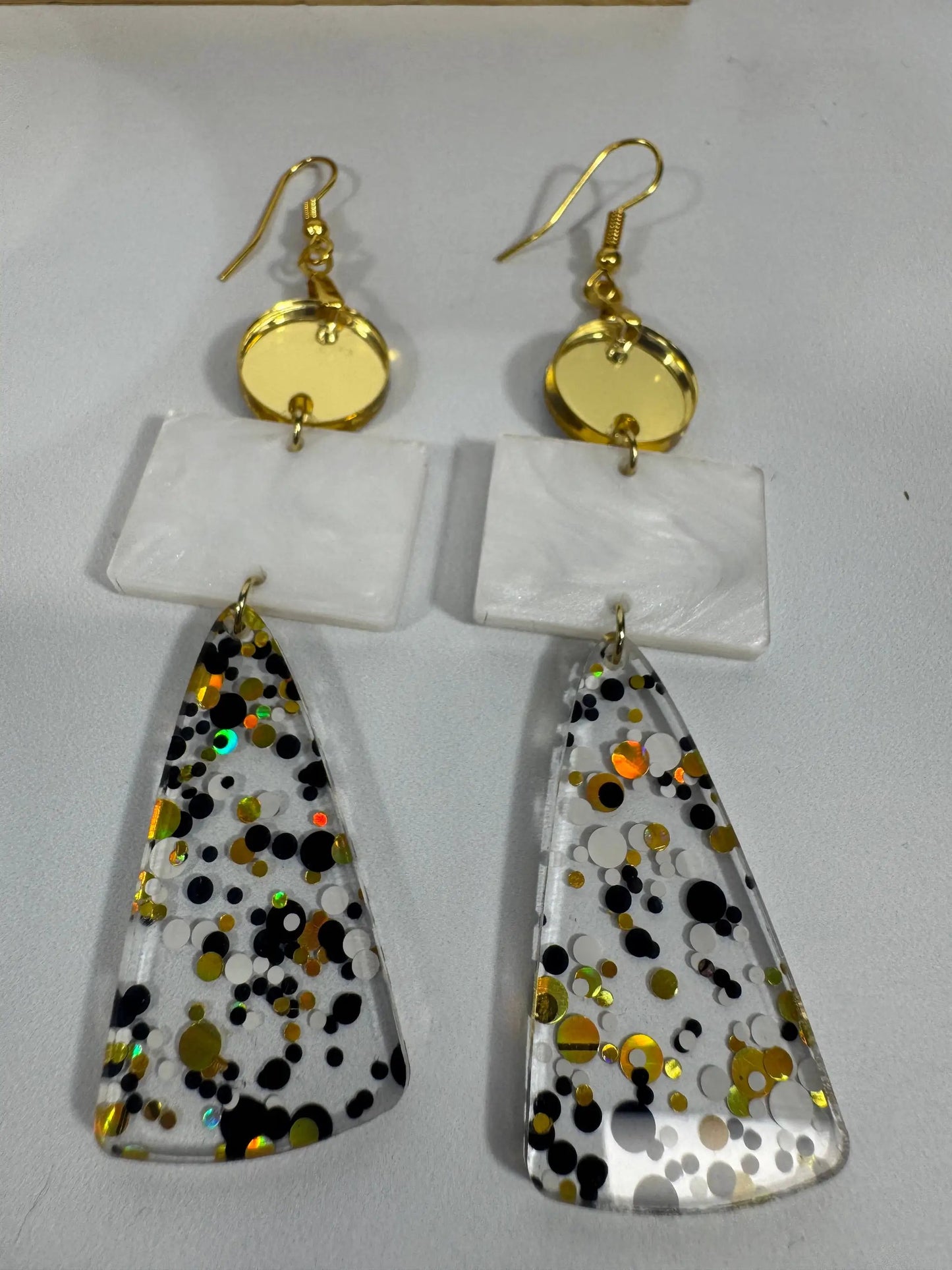 Truly Olive Long Gold Black and White Sparkly Confetti Acrylic Earrings - Earrings Dangle Earrings