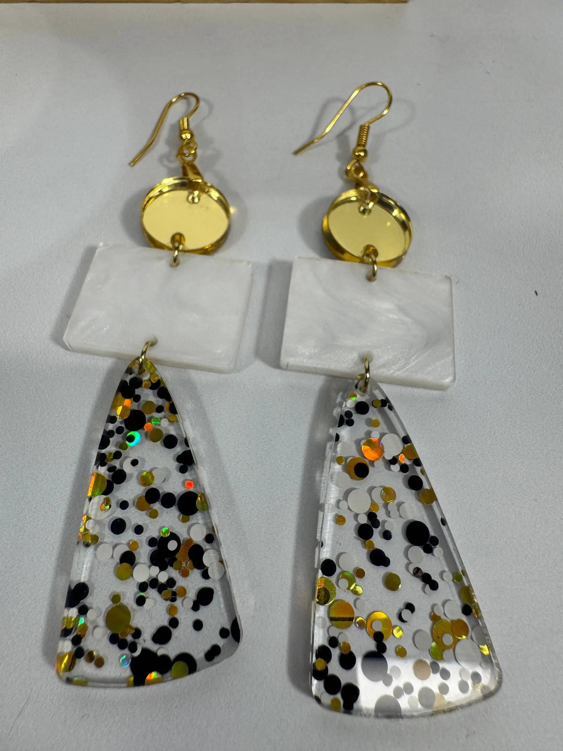 Truly Olive Long Gold Black and White Sparkly Confetti Acrylic Earrings - Earrings Dangle Earrings