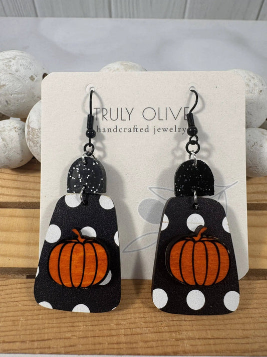 Truly Olive Cute Fall Pumpkin Polk A Dots - Earrings Dangle Earrings