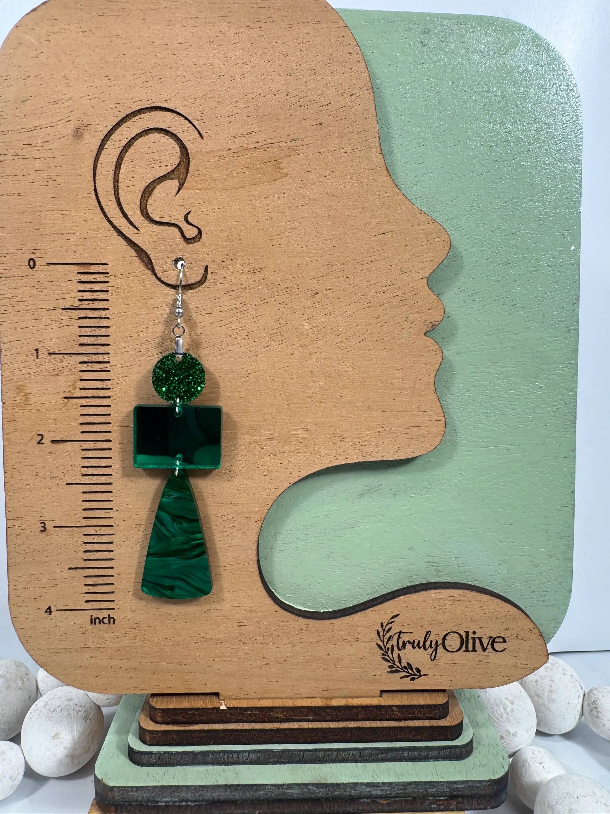 Truly Olive Green Marble and Glitter Acrylic Holiday Earrings - Earrings Dangle Earrings