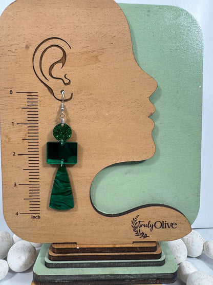 Truly Olive Green Marble and Glitter Acrylic Holiday Earrings - Earrings Dangle Earrings
