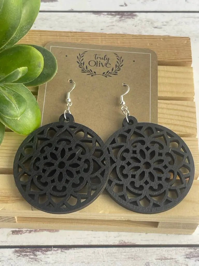 Truly Olive Wood Mandela Circle Shape Lightweight Earrings - Earrings Dangle Earrings