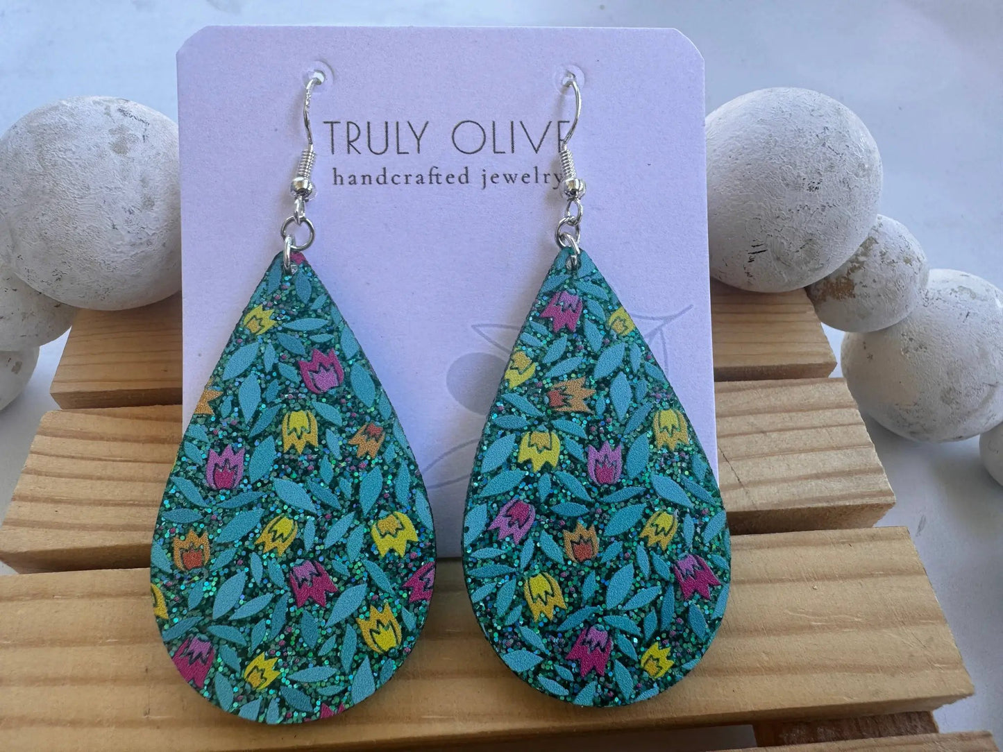 Truly Olive Blue Sparkle Flower Pattern Acrylic Earrings - Earrings Dangle Earrings