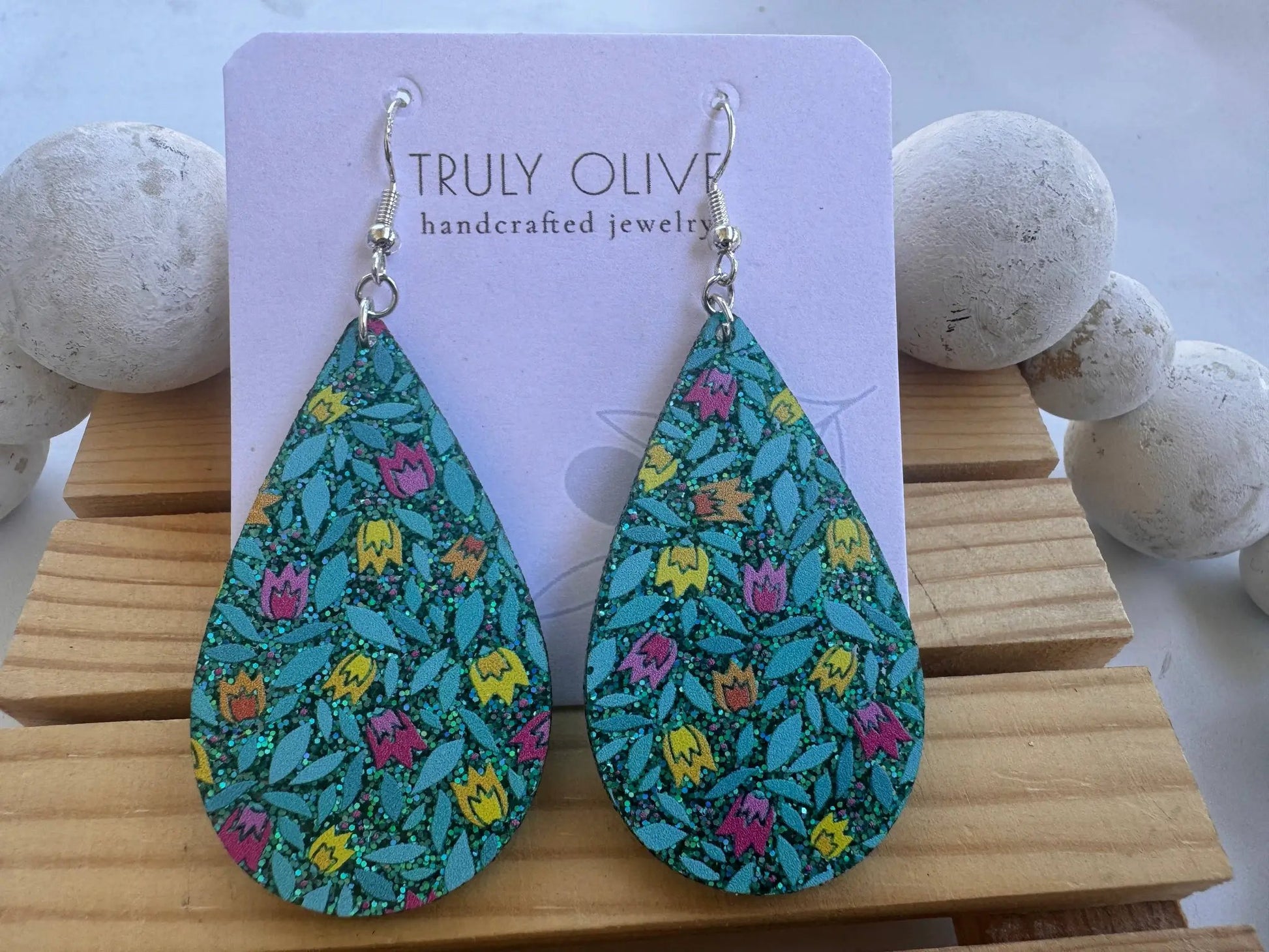 Truly Olive Blue Sparkle Flower Pattern Acrylic Earrings - Earrings Dangle Earrings