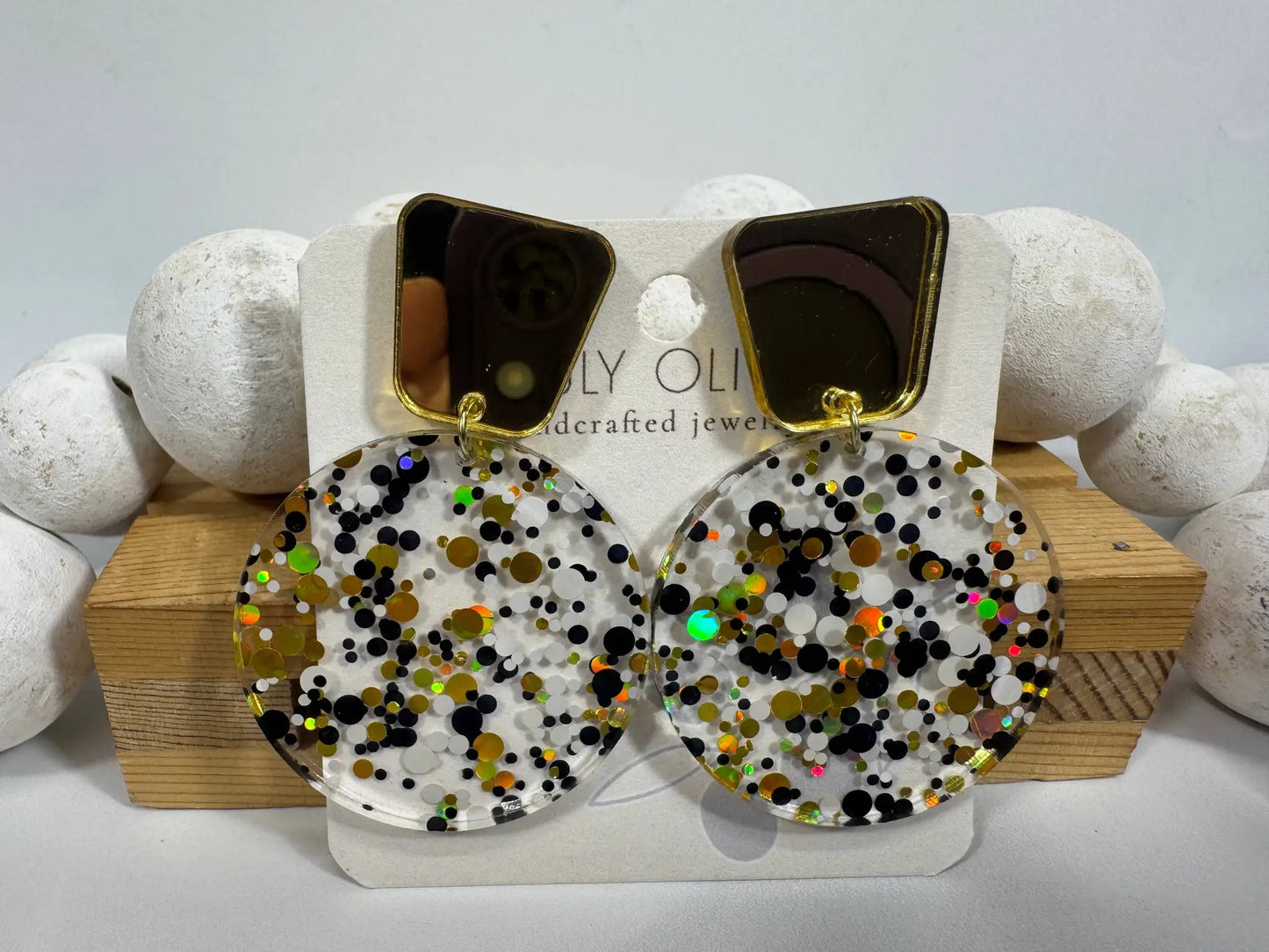 Truly Olive Tiered Circle Gold Black White Acrylic Christmas Earrings - Earrings Stud/Post Earrings